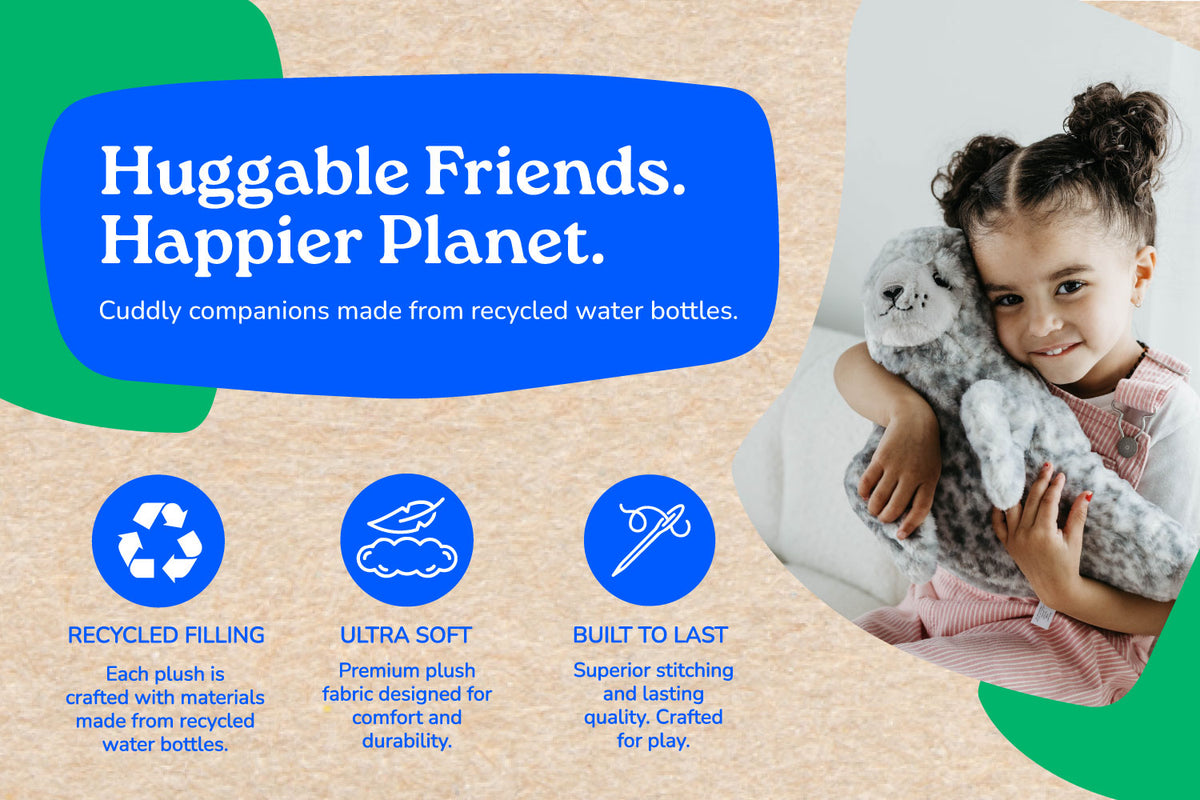 A plush stuffed animal made from a recycled water bottle, shown being held by a young girl. The image is a promotional graphic with text highlighting the product's features: 'Huggable Friends.