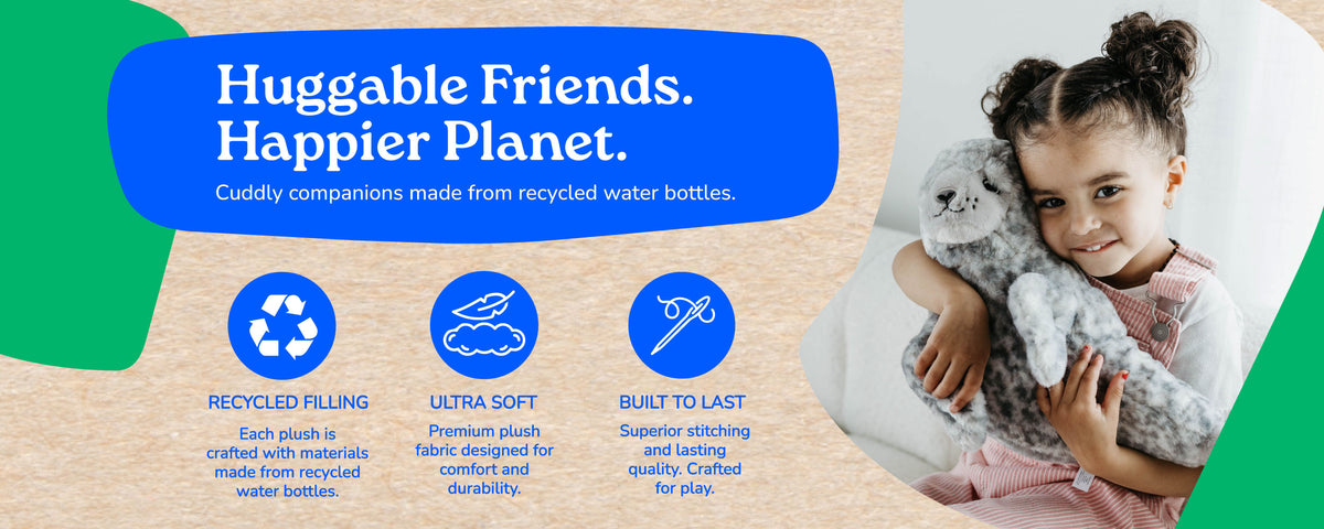 Promotional banner for a plush water bottle companion. A young girl with braided hair smiles while holding a gray plush toy shaped like a water bottle.